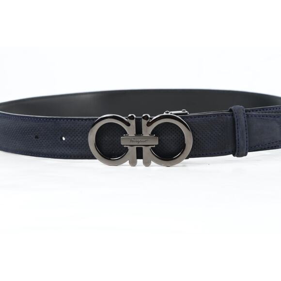 Salvatore Ferragamo Belt 120 Navy Blue Perforated Leather Gunmetal Gancini Luxe main image 13